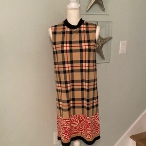 Jude Connally Beige, Red and Black Plaid Dress with hem accent. Size L.